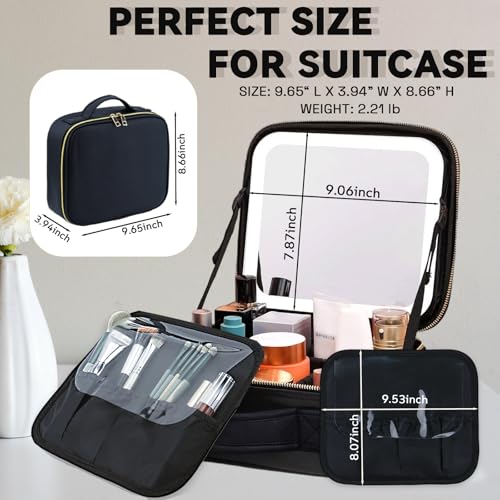Makeup Bag with LED Mirror, Three-level Adjustable Brightness, Travel Makeup Case with Removable Lighted Mirror, Adjustable Dividers and Brush Storage Board