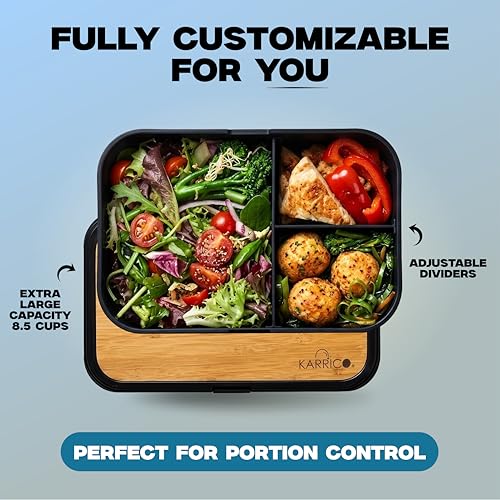 KARRICO 68oz Bento Box Adult - Stackable Lunch Containers For Adults, Leak-Proof Mens Tupperware & Lunch Box Containers - Black Double Food Container, Meal Prep Office Lunchbox With Dividers