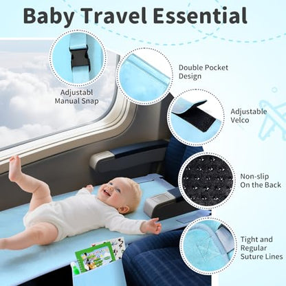Omzer Baby Toddler Airplane Bed - Flyaway Kids Airplane Bed for Toddler Airplane Seat Extender for Kids with 2 Pockets and Toys Portable Lightweight Baby Travel Essential Footrest for Flights - Blue