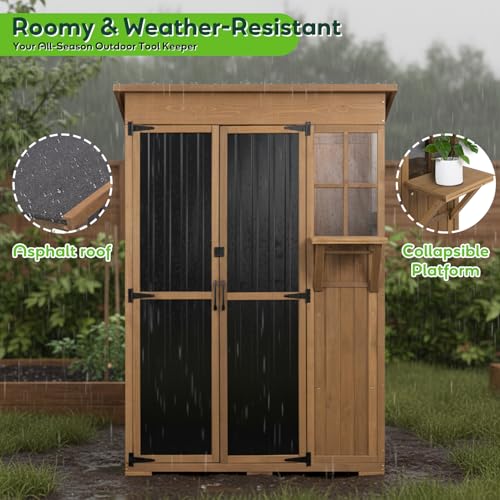 51" L Outdoor Storage Cabinet Waterproof with Shelves, Outside Storage Shed Backyard Tall Cabinet with Fold-Out Table for Patio, Garage, Garden, Pool Accessories Storage - size: 51.4"L*20" W*70"H
