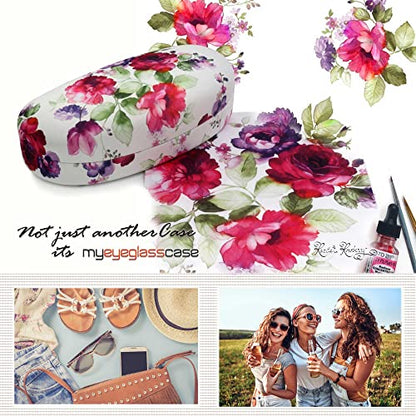 MyEyeglassCase Hard Sunglasses case - Women Glasses Case Holder - Large Durable Eyeglass Case Hard Shell with Pouch & Cloth - color: Floral Cranberry Rose