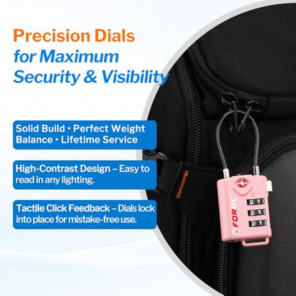 Forge TSA Approved Cable Luggage Locks, 2 Pink Locks, Re-settable Combination with Alloy Body - color: Pink 2 Locks