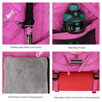 Goloni 45L Hiking Backpack Lightweight Foldable, Waterproof Camping Backpack with Rain Cover & Hiking Pole Mat Carrying System, Ergonomic Water Resistant Daypack for Trekking Travel Men Women Rose - color: Rose