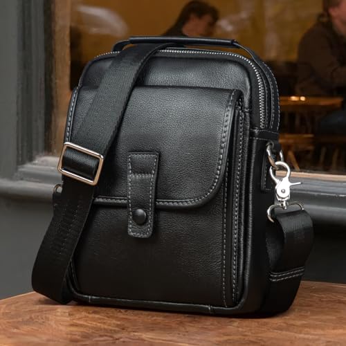 Augus Leather Small Messenger Bag For Men Crossbody Handbag Shoulder Sling Travel Bags for Men Purse Daypack Magnetic Buckle - color: Black-1