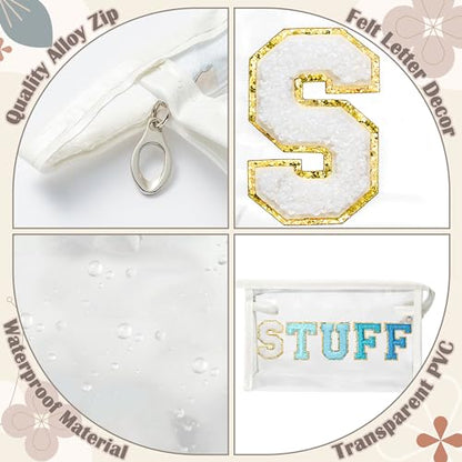 Y1tvei Clear STUFF Makeup Bag - Preppy Patch Blue Chenille Varsity Letter PVC Transparent Extra Large Cosmetic Pouch Portable Waterproof Travel Organizer Toiletry Compliant Bag for Women(White) - color: Blue STUFF White