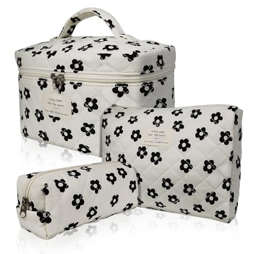 Gosect 3pc Makeup Bag Set, Quilted Makeup Bag Set, Large Floral Cosmetic Bag for Women, Cute Cotton Makeup Bags, Flower Travel Toiletry Organizer Bag (Black Flowers) - color: Black Flowers
