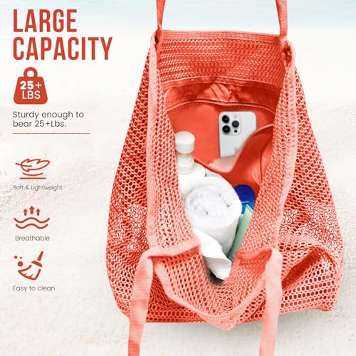 HOHOM Beach Bags for Women, Summer Travel Mesh Tote Bag with Large Inner Pocket, Sandproof Woven Shoulder Handbag - color: Spanish Red