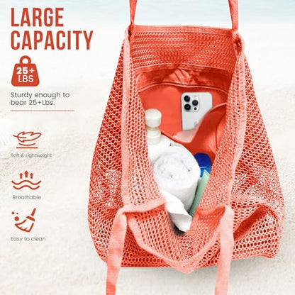 HOHOM Beach Bags for Women, Summer Travel Mesh Tote Bag with Large Inner Pocket, Sandproof Woven Shoulder Handbag - color: Spanish Red