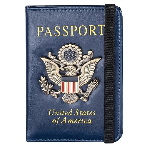 Passport Holder and Card Slot Combo RFID Blocking Leather Travel Passport Wallet for Men and Women US Passport Cover, Blue - color: blue