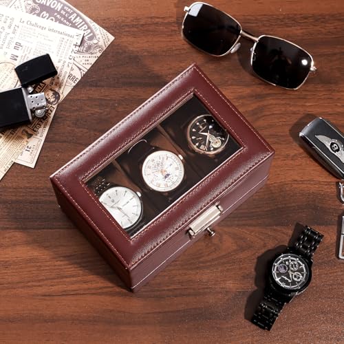 ProCase Watch Box, 3 Slot Watches Display Case with Drawer, Mens Watch Case with Glass Lid, 2-Layer Mens Jewelry Organizer Storage Holder, Birthday Valentine Gifts for Men-3 Slot, Espresso - color: Espresso, size: 3-Slot
