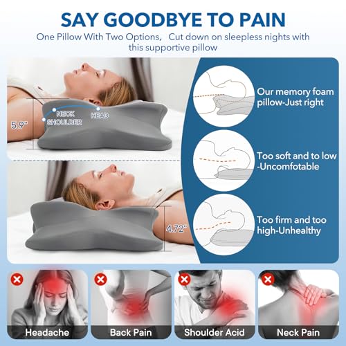 Cervical Pillow for Neck and Shoulder,Contour Memory Foam Pillow,Ergonomic Neck Support Pillow for Side Stomach Back Sleepers with Skin-Friendly Pillowcase - color: Gray