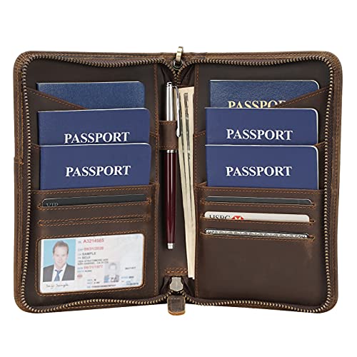Polare Full Grain Leather Passport Holder Cover Case for Men and Women RFID Blocking Family Travel Wallet Holds 6 Passports - color: Dark Brown