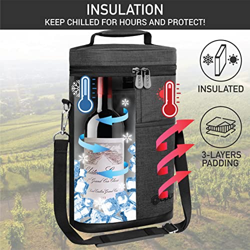 opux 2 Bottle Wine Carrier Tote, Insulated Leakproof Wine Cooler Bag, Wine Travel Bag for Picnic BYOB Beach, Portable Wine Bottle Carrying Case, Gift for Wine Lover Women Men Christmas, Charcoal Grey - color: Charcoal