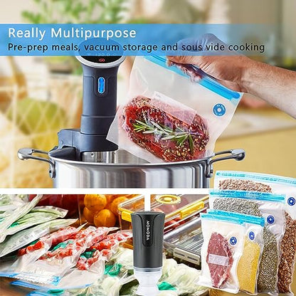 MOMODA Sous Vide Cooking Bags - Set of 20 | BPA-Free Reusable Vacuum Seal Bags with Air Valve for Joule and Anova Cookers | Freezer Safe Vacuum Food Storage Bags with Upgraded Electric Pump Included - color: Electric Pump-Black