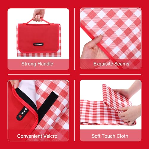 HX&OD Outdoor Picnic Blanket 80"X80" Picnic Mat Extra Large Camping Blanket Beach Blanket Foldable Waterproof Sand Mat Hiking Travel Family Concerts(Red) - color: Red, size: 80”x 80”
