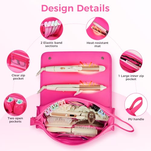 JKAOO Hair Tools Travel Bag and Heat Resistant Mat, 2 in 1 Portable Organizer Hair Travel Case for Curling Iron, Hair Straightener, Flat Irons, PU Hangable Handle, Neoprene (Vibrant RoseRed) - color: Vibrant Rosered