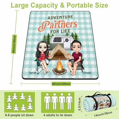Personalized Waterproof Sandproof Beach Blanket 80''x80'', 3-Layer Foldable Picnic Blanket with Carry Strap, Camping Travel Outdoor Mat for Beach Park Hiking (Couple Camping) - color: Couple Camping