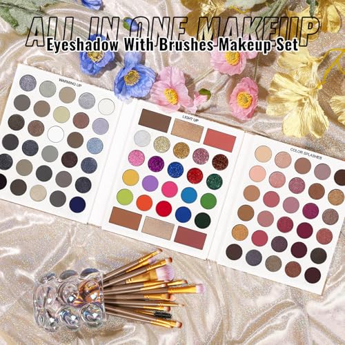 UCANBE Eyeshadow Palette with 15 Brushes Makeup Sets, Pigmented Eye Makeup Pallet Holiday Gift Set, Matte Smokey Rosy Neutral Glitter Eye Shadow Powder & Contour Highlight Blush All-in-One Make Up Kit - color: Palette C + Coffee-Brown Brush