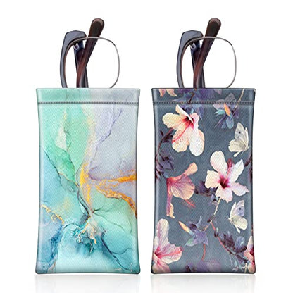 [2 Pack] Fintie Eyeglasses Pouch with Cleaning Cloth, Portable Squeeze Top Leather Glasses Case Sunglasses Bag, Emerald Marble + Blooming Hibiscus - color: Emerald Marble + Blooming Hibiscus