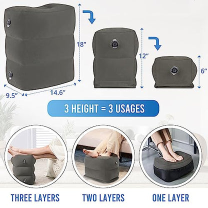 Inflatable Airplane Foot Rest Pillow - Travel Foot Rest for Long Flights, Car Seat Foot Rest for Kids Airplane Seat Extender Bed for Toddler, Blow up Plane Footrest with Easy-Carry Strap, Gray 2 Pack