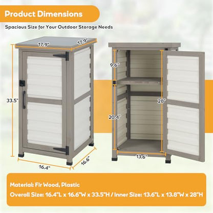Outdoor Storage Cabinet with Metal Top, Wooden & Plastic Potting Bench & Tool Organizer, Adjustable Shelf for Patio Backyard Garden, Small Outdoor Cabinet for Tools - size: 18"L x 18"W x 33.5"H White