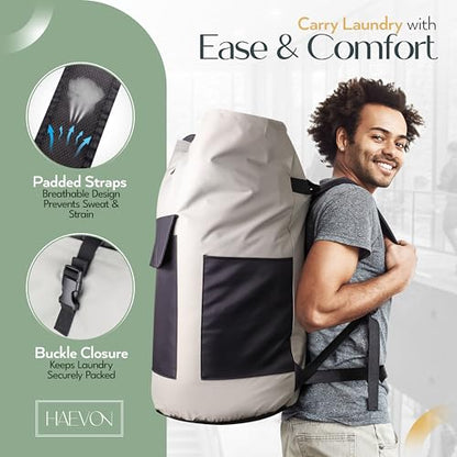 Haevon Laundry Backpack - 131L Heavy Duty Laundry Bag with Padded Shoulder & Waist Straps, Removable Liner College, Dorm, Apartment, Travel, Outdoor - Big Laundry Bag for Easy Carrying (Grey Black) - color: Gray and Black
