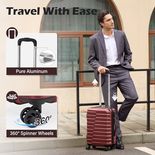 Coolife Carry On Luggage Airline Approved with Spinner Wheels, Hard Shell Suitcase TSA Lock Lightweight Travel Luggage 20-inch,Wine Red - color: wine red, size: Small(20in)