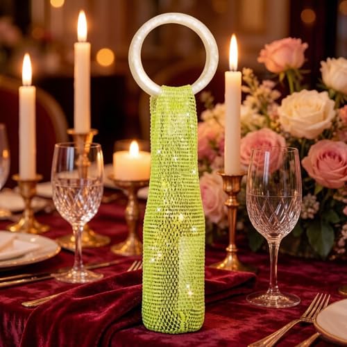 Wine Pouch Mesh Bag, Resin Handle Wine Bag, Sparkly Rhinestone Handwoven Mesh Bags, Party Water Bottle Bags Accessory, Daily Housewarming Party Use - color: Grass Green