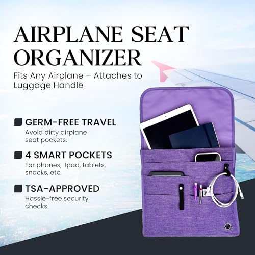 SO~MINE Airplane Pocket Organizer | Tray Table Cover | In Flight Seat Back Organizer Bag | Commuter Essential Travel Bag | Media Pouch For Flying | Travel Gift | Attaches To Luggage - color: Purple