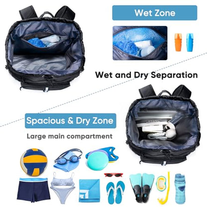 Large Beach Backpack Waterproof Sandproof - Customized Oversized Drawstring Pool Bag with Shoe Compartment for Toiletries, Towels, Gym, Travel - color: Black