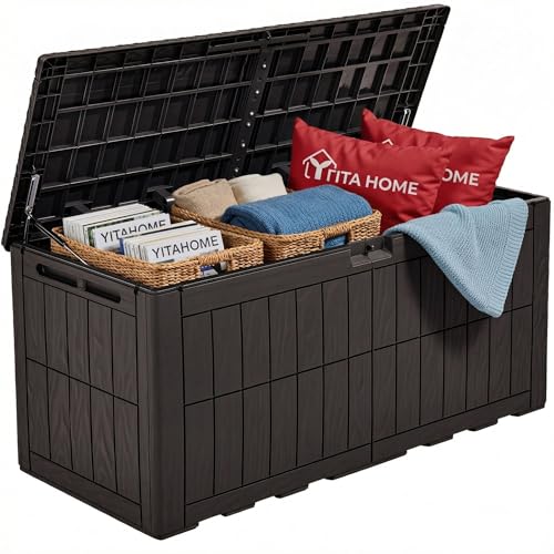 YITAHOME 110 Gallon Outdoor Deck Box, Waterproof Resin Storage Box with Lock, Lockable Patio Furniture Bin, 2-Person Bench Seating for Outdoor Cushions, Garden Tools & Sports/Pool Supplies, Dark Brown - color: Dark Brown, size: 110 Gallon