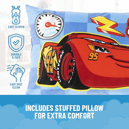 Jay Franco Kids Slumber Bag and Pillow - 54 x 27 Inch Comfy Indoor Sleeping Bag for School and Sleepovers, 2 Piece Set, Blue - Cars - color: Blue - Cars