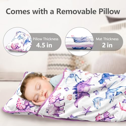 Primlect Toddler Nap Mat Extra Large Thickened 55''x35'', Soft Sleeping Bag with Detachable Minky Blanket and Pillow, Portable for Daycare, Preschool, Kindergarten, Travel, Boys and Girls - color: Purple Dinosaur
