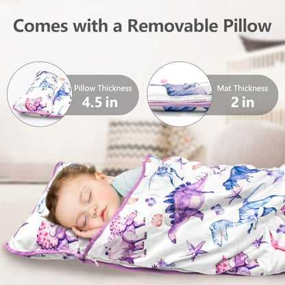 Primlect Toddler Nap Mat Extra Large Thickened 55''x35'', Soft Sleeping Bag with Detachable Minky Blanket and Pillow, Portable for Daycare, Preschool, Kindergarten, Travel, Boys and Girls - color: Purple Dinosaur
