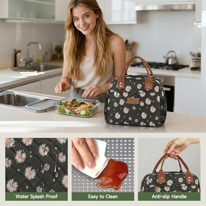 HOMESPON Insulated Lunch Bag for Women Men Adults Lunch Tote with Front Pocket Lunch Box Container Cooler Bag for Work Picnic (Black Daisy) - color: Black Daisy