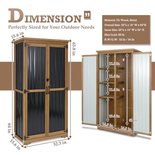 Outdoor Storage Cabinet Waterproof with Shelves, Small Storage Shed, Vertical Tall Patio Backyard Garden Storage Cabinet Tool Organizer for Outside - size: 32"L x 16"W x 66"H