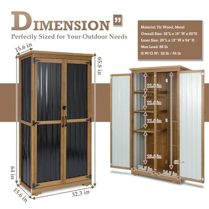 Outdoor Storage Cabinet Waterproof with Shelves, Small Storage Shed, Vertical Tall Patio Backyard Garden Storage Cabinet Tool Organizer for Outside - size: 32"L x 16"W x 66"H