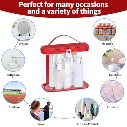 HAOGUAGUA Heavy Duty Leak Proof Clear Travel Bags for Toiletries, Transparent Makeup Cosmetic Bag with Zipper and Handle (1PCS RED, Large) - color: 1PCS RED