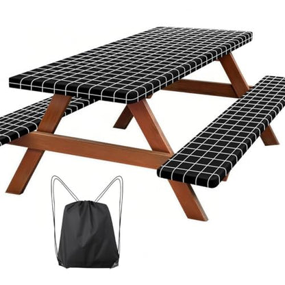 Picnic Table Cover with Bench Covers, Fitted 6ft Waterproof Tablecloth Set for Outdoor Camping & RV - Includes 1 Table Cover & 2 Bench Covers with Drawstring Storage Bag, 30"x72", White Black Grid - color: White Black Grid