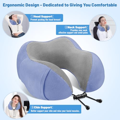 CloudBliss Travel Pillow for Airplane, Memory Foam Neck Pillow for Travel, Compact Flight Pillow with Eye Mask, Earplugs, Carry Bag, Travel Neck Pillow for Long Flight Sleep, Plane Accessories, Blue - color: Blue