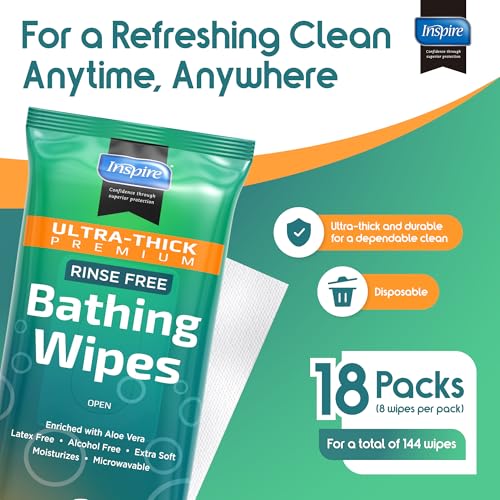 Inspire Ultra Thick Rinse Free Body Wipes, Bathing Wipes, Rinse Free Wet Wipes, Thick Strong Extra Large With Aloe Vera Enriched - style: Ultra Thick Value Pack - 18 Packs Of 8