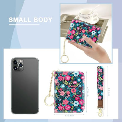 Aiawoxc Credit Card Holder, Small RFID Wallet Slim Leather Card Organizer Case with Zipper and Wristlet Strap, Elegant Flowers - color: B-Elegant Flowers, size: Wrist Strap