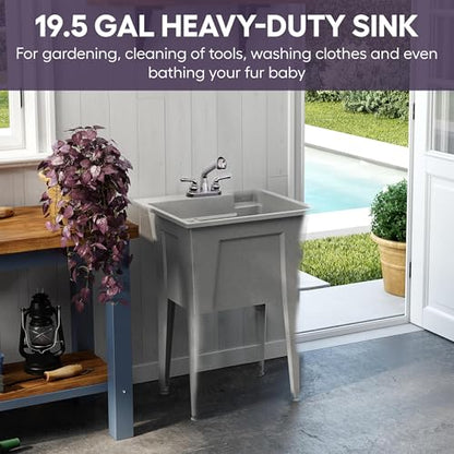Freestanding Utility Sink with One Handle Black Faucet - 24" Plastic Utility Sink for Garage, Laundry, Indoor and Oudoor Use - Laundry Tub Kit by Noah William Home - Grey (19.5 gal) - color: Grey - One handle black faucet