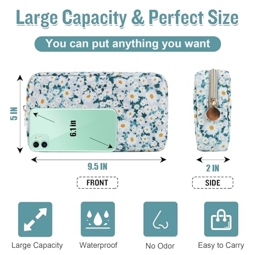 Nylon Small Floral Makeup Bag for Purse, Cute Preppy Makeup Bag Flower Cosmetic Zipper Pouch Purse, Waterproof Portable Travel Toiletry Makeup Brush Coin Pouch Organizer Storage for Women(Green-Daisy) - color: Green-Daisy, size: Small