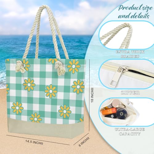 Fokongna Tote Bag For Women, Beach Bag Best Friend Travel Birthday Gifts, Travel Parties Vacation Shopping Essentials - color: Daisy Green Gingham