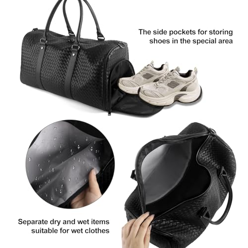 Weekender Bags for Women Woven Leather Travel Duffle Bag with Shoe Compartment, Carry On Garment Bag for Men Women, Large Capacity Water-resistant Gym Tote (Black) - color: Black