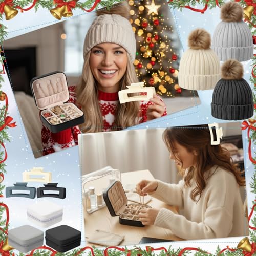 Suhine 12 Pcs Winter Beanie Hat Gift Set for Women, Knit Pom Pom Hats with Hair Claw Clips, Jewelry Organizer Travel Cases and Clear Cosmetic Bags for Winter Travel Christmas