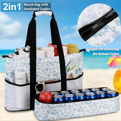 JIANYA Beach Bag Women Waterproof Sandproof Beach Tote Bags with Cooler Top Zipper Large Totes for Pool Travel Daily - color: Blue Flower