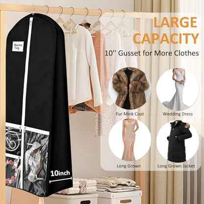 72" Wedding Dress Garment Bag with 10'' Gusseted Dress Bags for Gowns Long 4 Pockets Dress Bag Garment Storage Cover for Women, Black