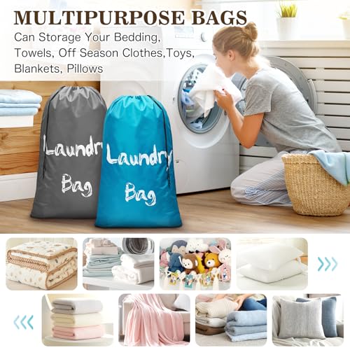 2 Pack XL Travel Laundry Bags for Dirty Clothes - Extra Large Heavy Duty Drawstring Laundry Bag Holds 4 Loads - Cruise Ship, Camping, Road Trip, Vacation Essentials Must Haves 2025 2026 - color: Gray + Sky Blue